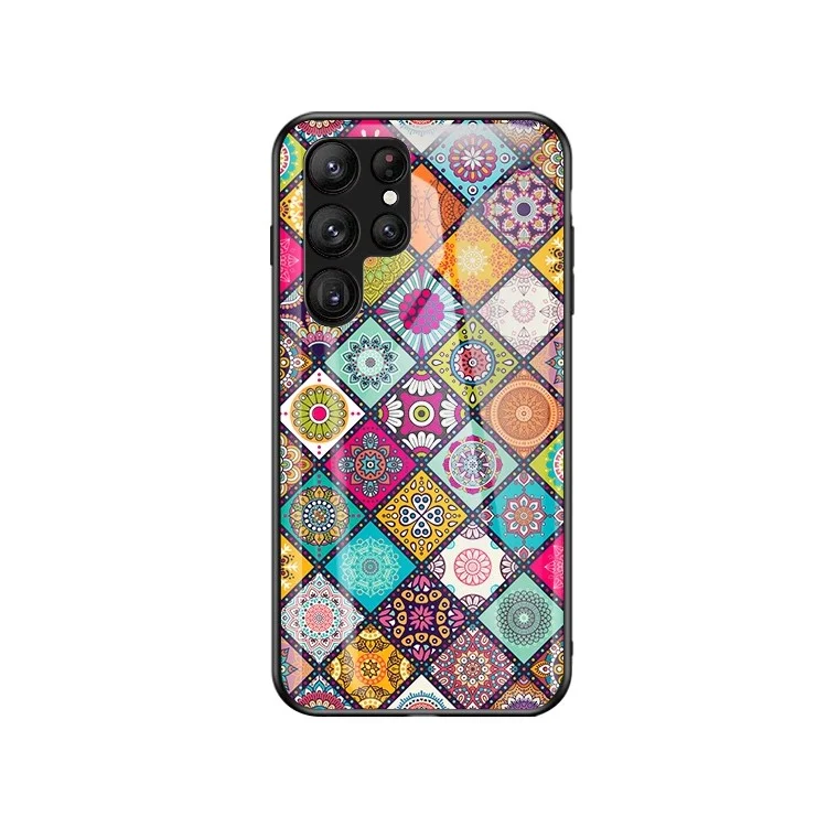 Samsung Galaxy S23 Ultra Telefonhülle mit Ständer und Lanyard, Blumenmuster, Gehärtetes Glas + PC + TPU Schutzhülle - Farbmuster