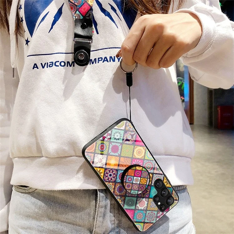 Samsung Galaxy S23 Ultra Telefonhülle mit Ständer und Lanyard, Blumenmuster, Gehärtetes Glas + PC + TPU Schutzhülle - Farbmuster