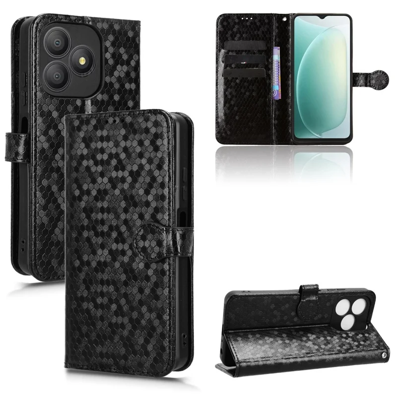 For Blackview Wave 9C Wallet Case Dot Pattern Imprint PU Leather Phone Cover with Wrist Strap - Black