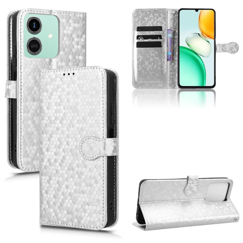 Fodral för Honor Play10 4G med plånbok och prickmönster i PU-läder med handledsband – Silver