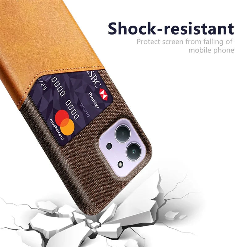 Чехол для Xiaomi Redmi 15 5G (EU) (171 мм), текстура ткани и ПУ кожи, жесткий поликарбонатный чехол с держателем карт — оранжевый