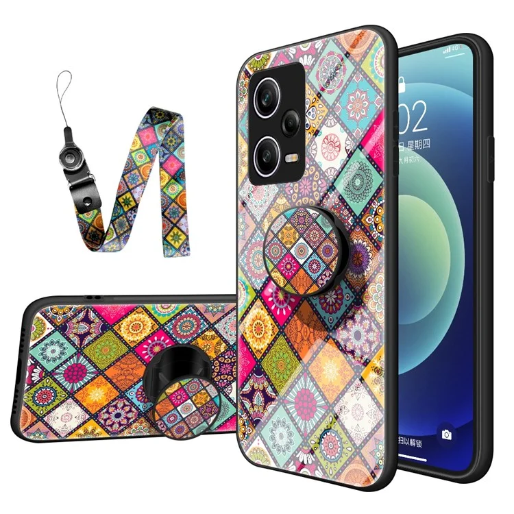 For Xiaomi Redmi Note 12 Pro 5G Shockproof Case Flower Pattern Tempered Glass + Hard PC + Soft TPU Phone Case with Lanyard / Kickstand - Color Pattern