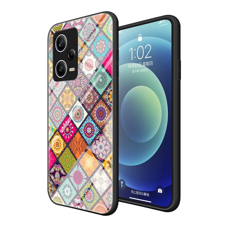 For Xiaomi Redmi Note 12 Pro 5G Shockproof Case Flower Pattern Tempered Glass + Hard PC + Soft TPU Phone Case with Lanyard / Kickstand - Color Pattern