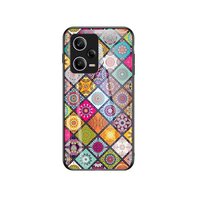 For Xiaomi Redmi Note 12 Pro 5G Shockproof Case Flower Pattern Tempered Glass + Hard PC + Soft TPU Phone Case with Lanyard / Kickstand - Color Pattern
