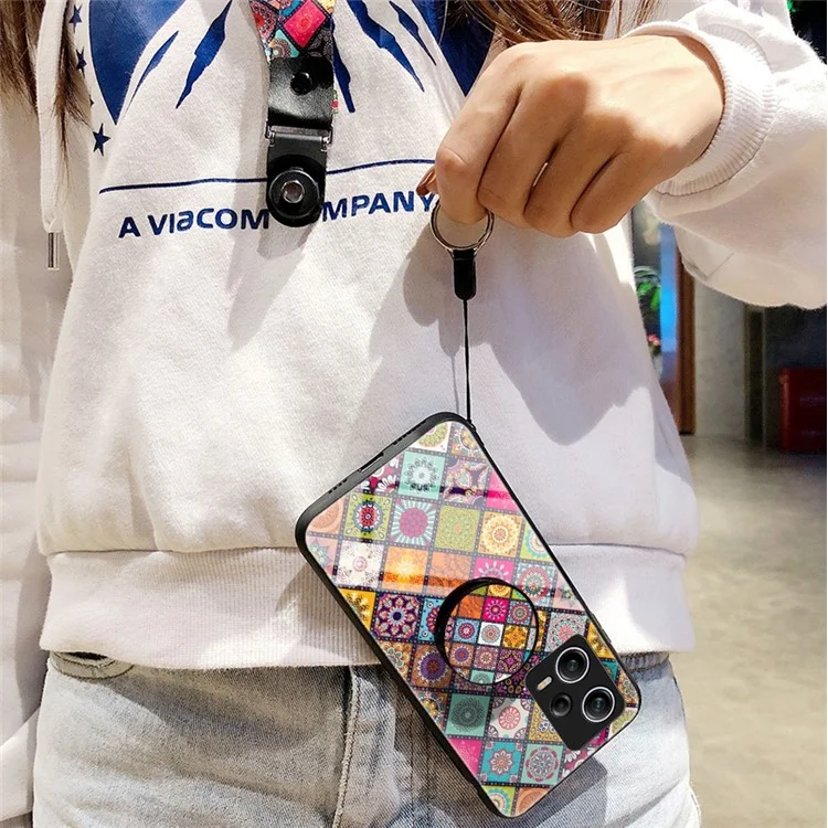 For Xiaomi Redmi Note 12 Pro 5G Shockproof Case Flower Pattern Tempered Glass + Hard PC + Soft TPU Phone Case with Lanyard / Kickstand - Color Pattern