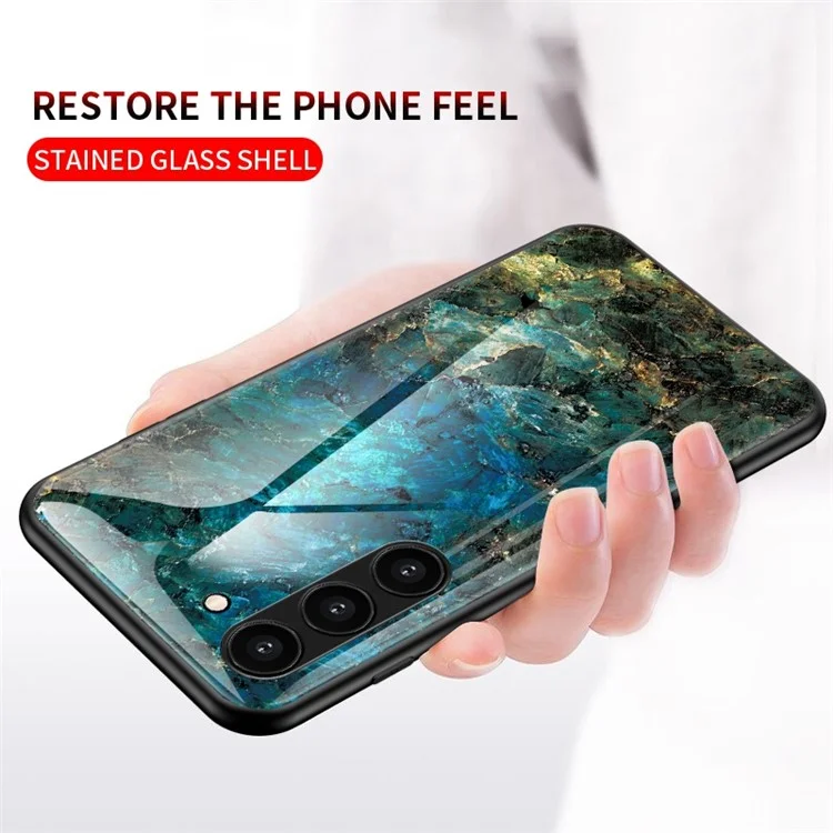 Pour Samsung Galaxy S23 Marble Pattern Printing Tempered Glass Phone Case Hard PC +TPU Anti-Scratch Shockproof Cover - Emerald Marble