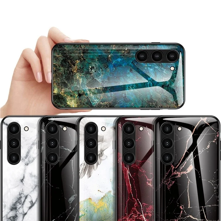 Pour Samsung Galaxy S23 Marble Pattern Printing Tempered Glass Phone Case Hard PC +TPU Anti-Scratch Shockproof Cover - Emerald Marble