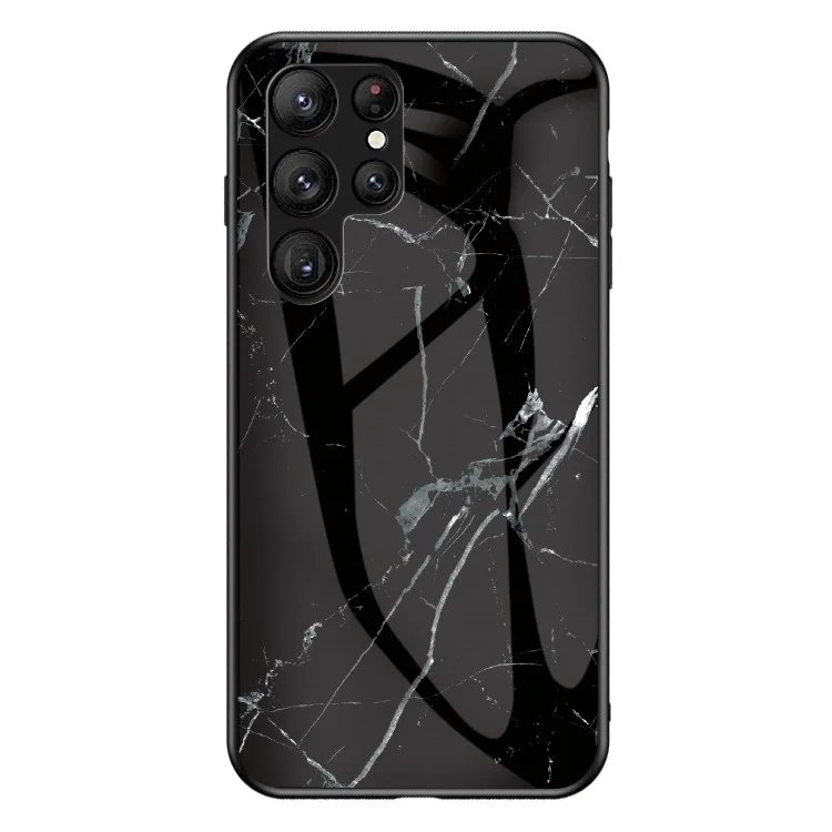 Para Samsung Galaxy S23 Ultra Anti-Scratch Marble Pattern Printing Phone Case Hybrid Tempered Glass + PC +TPU Frame Back Cover - Black Marble