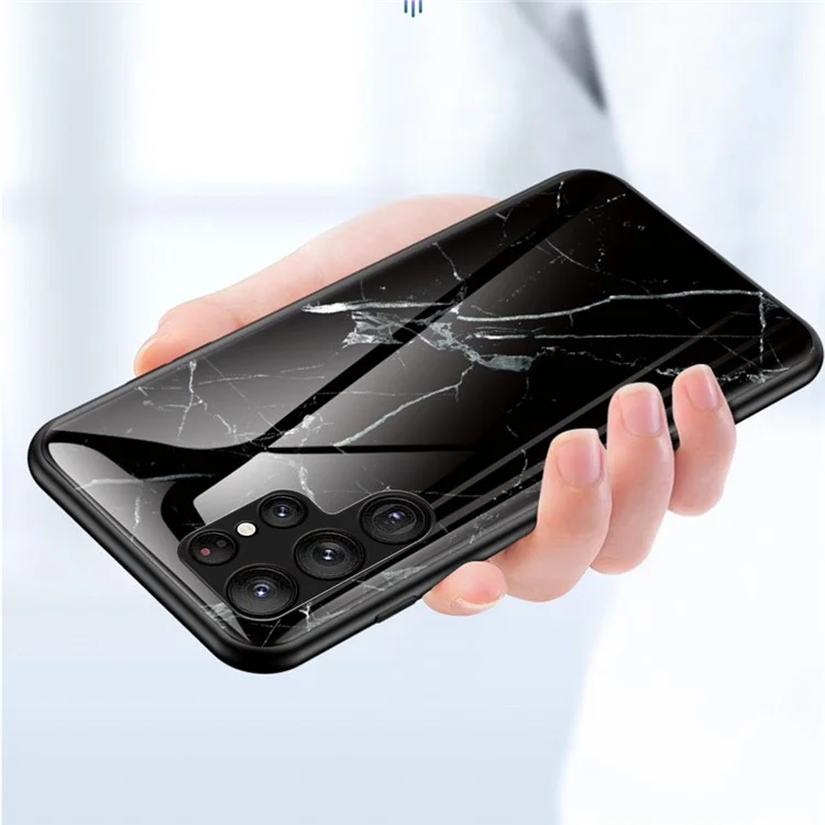 Para Samsung Galaxy S23 Ultra Anti-Scratch Marble Pattern Printing Phone Case Hybrid Tempered Glass + PC +TPU Frame Back Cover - Black Marble