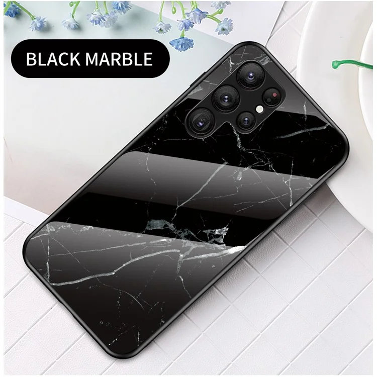 Para Samsung Galaxy S23 Ultra Anti-Scratch Marble Pattern Printing Phone Case Hybrid Tempered Glass + PC +TPU Frame Back Cover - Black Marble