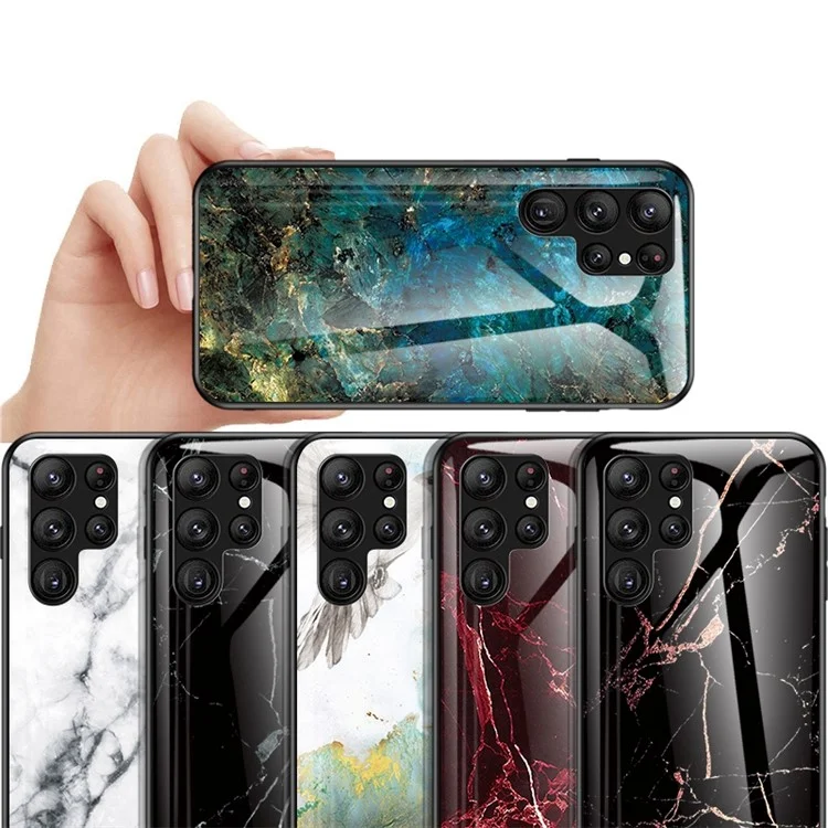 Para Samsung Galaxy S23 Ultra Anti-Scratch Marble Pattern Printing Phone Case Hybrid Tempered Glass + PC +TPU Frame Back Cover - Black Marble