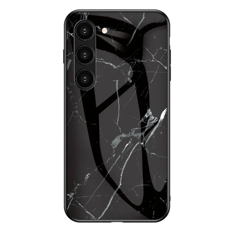 Para Samsung Galaxy S23+ Marble Pattern Printing Tempered Glass Back Case Shockproof PC +TPU Frame Scratch-Resistant Phone Cover - Black Marble