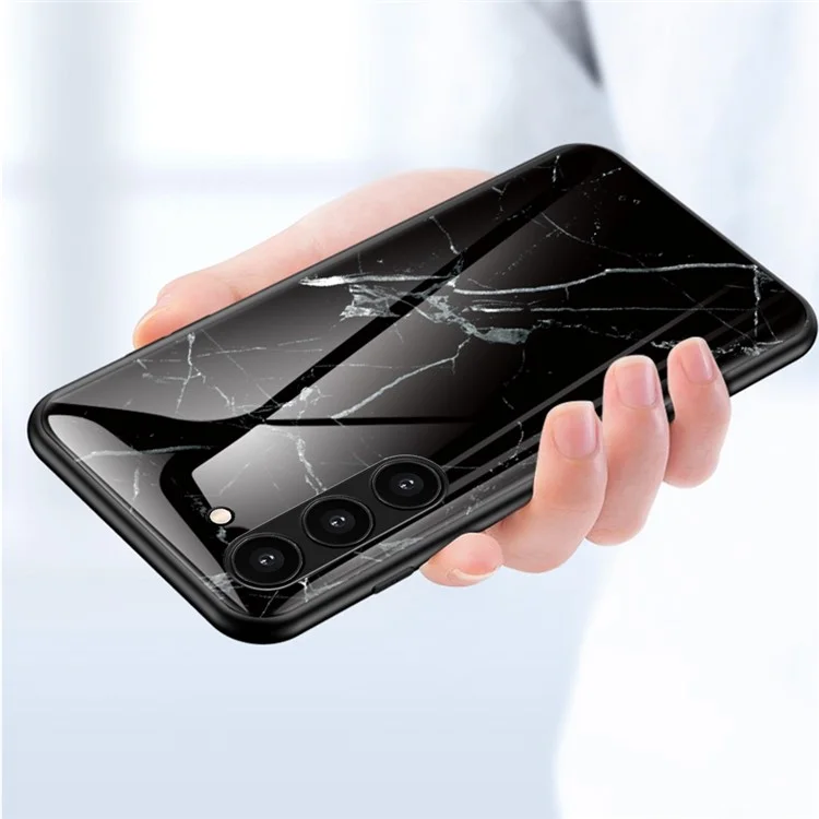 Para Samsung Galaxy S23+ Marble Pattern Printing Tempered Glass Back Case Shockproof PC +TPU Frame Scratch-Resistant Phone Cover - Black Marble