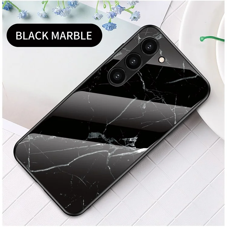 Para Samsung Galaxy S23+ Marble Pattern Printing Tempered Glass Back Case Shockproof PC +TPU Frame Scratch-Resistant Phone Cover - Black Marble