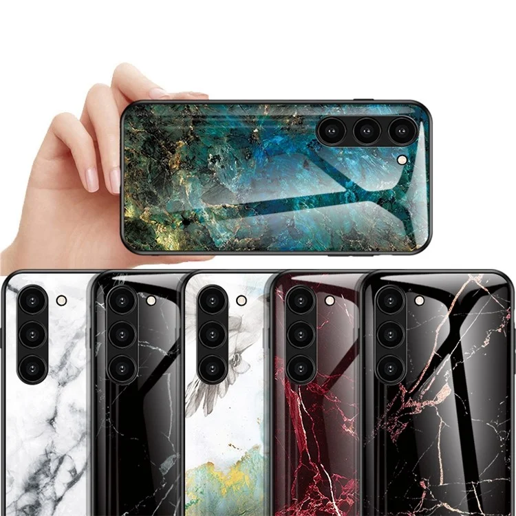 Para Samsung Galaxy S23+ Marble Pattern Printing Tempered Glass Back Case Shockproof PC +TPU Frame Scratch-Resistant Phone Cover - Black Marble