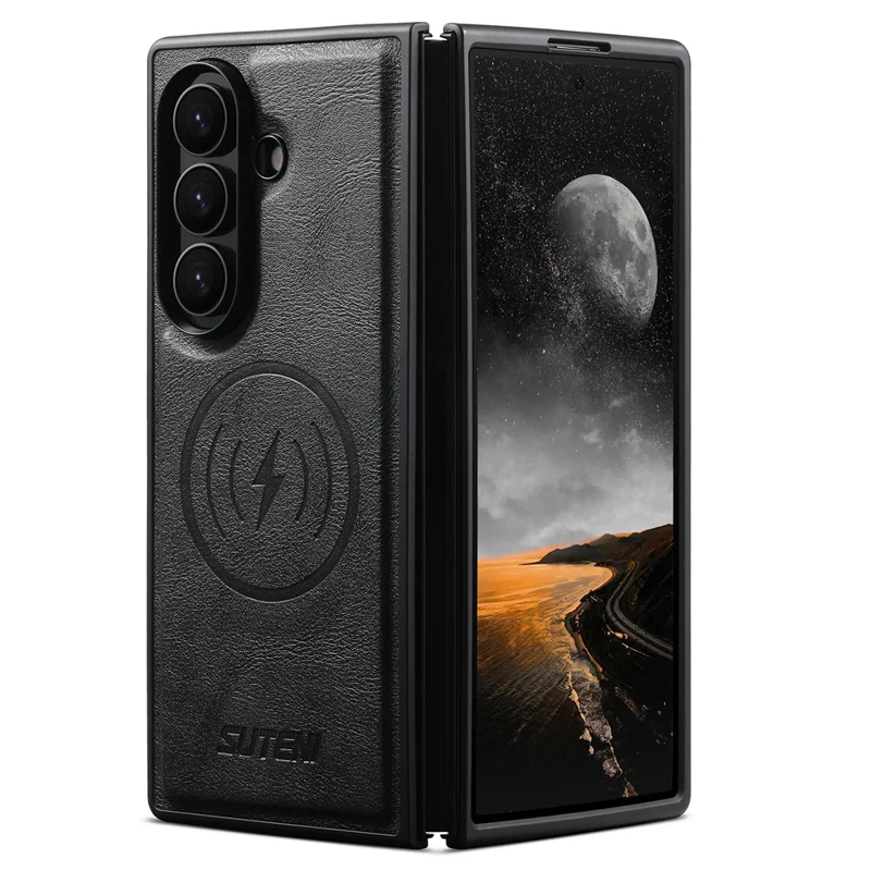 SUTENI G5 For Samsung Galaxy Z Fold7 5G Magnetic Case Cowhide Texture Leather Back Cover - Black