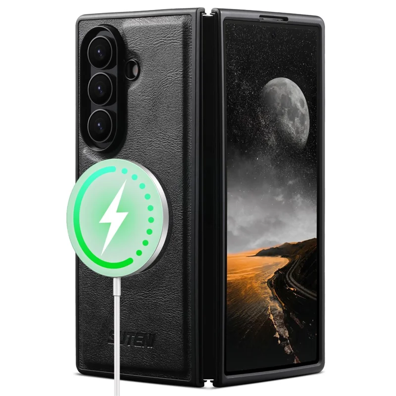SUTENI G5 For Samsung Galaxy Z Fold7 5G Magnetic Case Cowhide Texture Leather Back Cover - Black