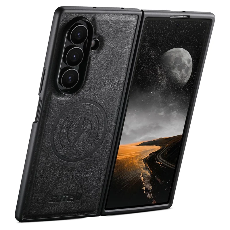 SUTENI G5 For Samsung Galaxy Z Fold7 5G Magnetic Case Cowhide Texture Leather Back Cover - Black
