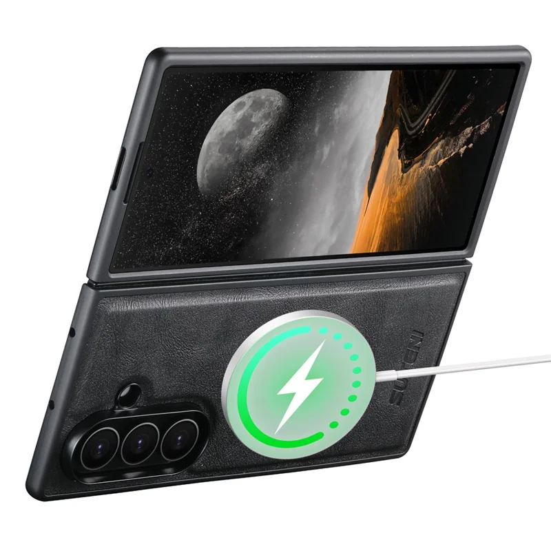 SUTENI G5 For Samsung Galaxy Z Fold7 5G Magnetic Case Cowhide Texture Leather Back Cover - Black