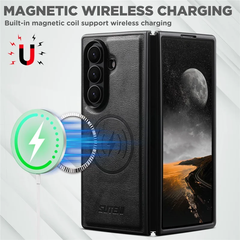 SUTENI G5 For Samsung Galaxy Z Fold7 5G Magnetic Case Cowhide Texture Leather Back Cover - Black