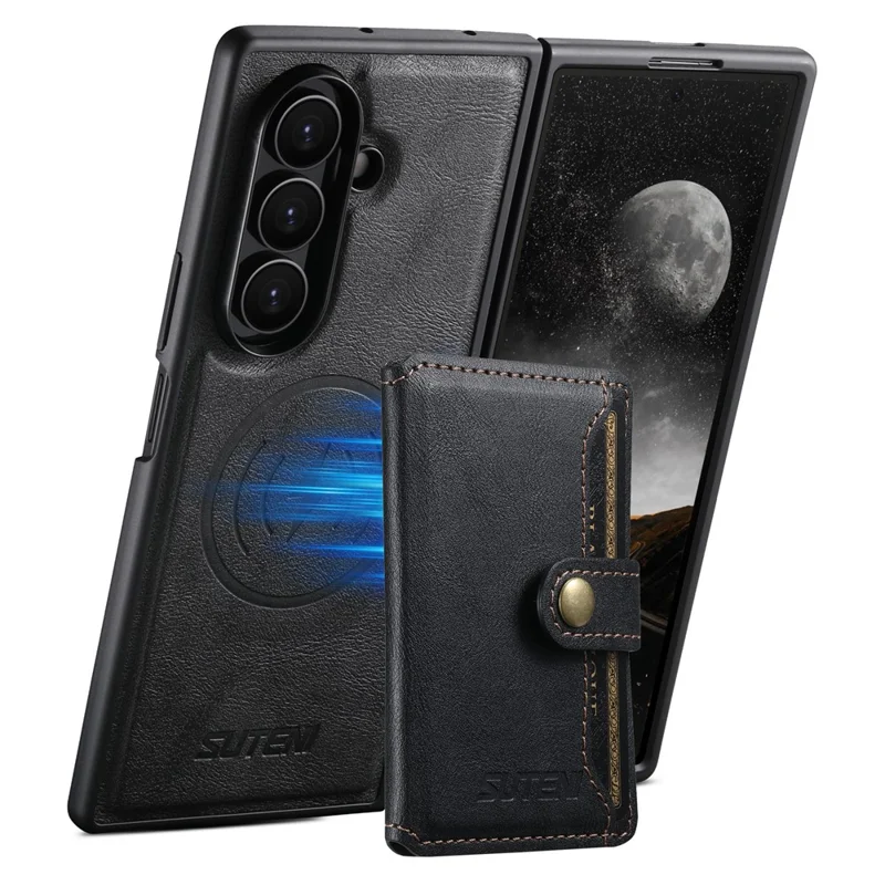 SUTENI M4 Für Samsung Galaxy Z Fold7 5G Magnetisches Case mit Kartenhalter, Rindsleder-Optik Ledertasche - Schwarz
