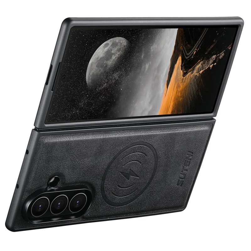 SUTENI M4 Für Samsung Galaxy Z Fold7 5G Magnetisches Case mit Kartenhalter, Rindsleder-Optik Ledertasche - Schwarz