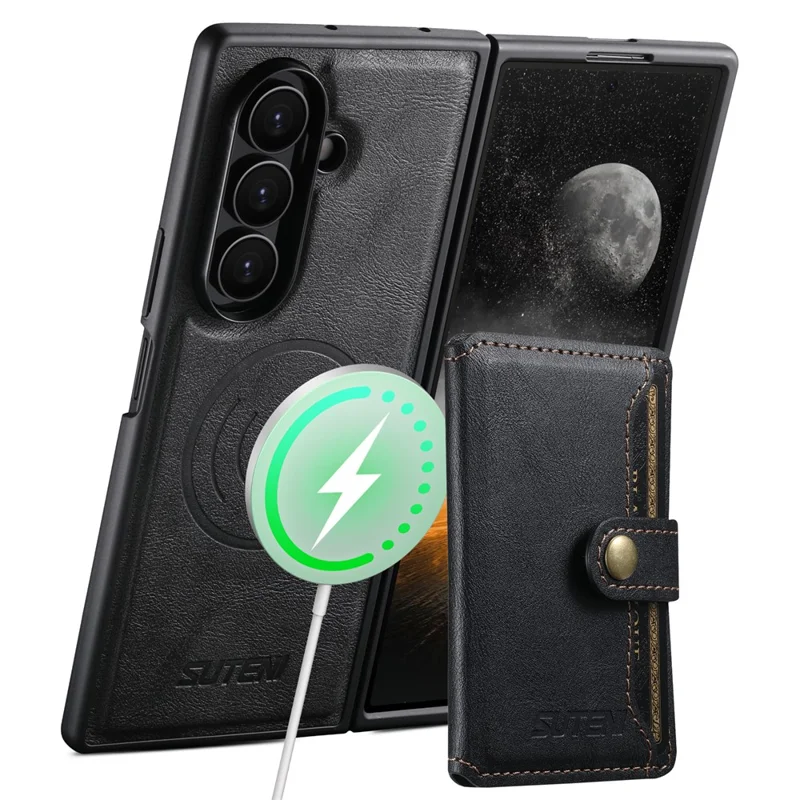 SUTENI M4 Für Samsung Galaxy Z Fold7 5G Magnetisches Case mit Kartenhalter, Rindsleder-Optik Ledertasche - Schwarz