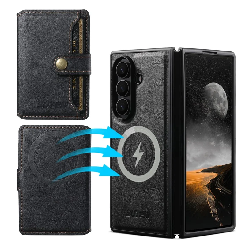 SUTENI M4 Für Samsung Galaxy Z Fold7 5G Magnetisches Case mit Kartenhalter, Rindsleder-Optik Ledertasche - Schwarz