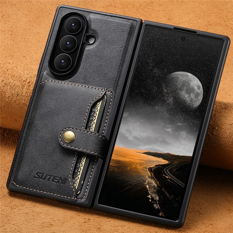 SUTENI M4 Für Samsung Galaxy Z Fold7 5G Magnetisches Case mit Kartenhalter, Rindsleder-Optik Ledertasche - Schwarz