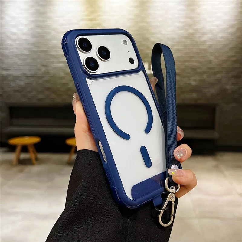 Étui pour iPhone 17 Pro Max compatible MagSafe, coque arrière transparente en TPU et PC avec dragonne - Bleu