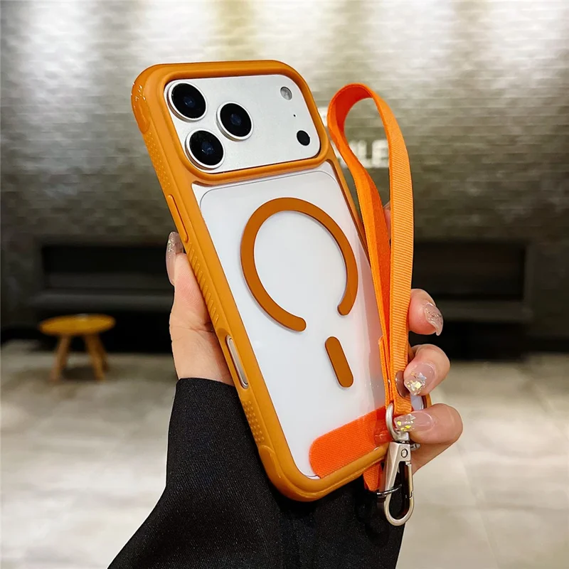 Funda para iPhone 17 Pro compatible con MagSafe, carcasa trasera transparente de TPU y PC con correa de muñeca - Naranja