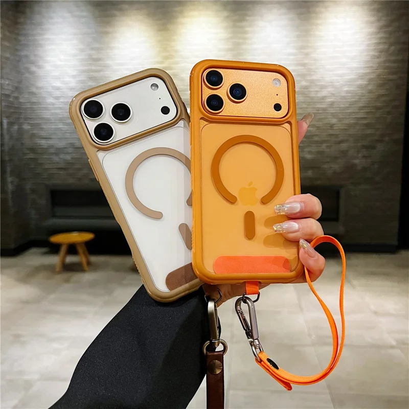 Funda para iPhone 17 Pro compatible con MagSafe, carcasa trasera transparente de TPU y PC con correa de muñeca - Naranja