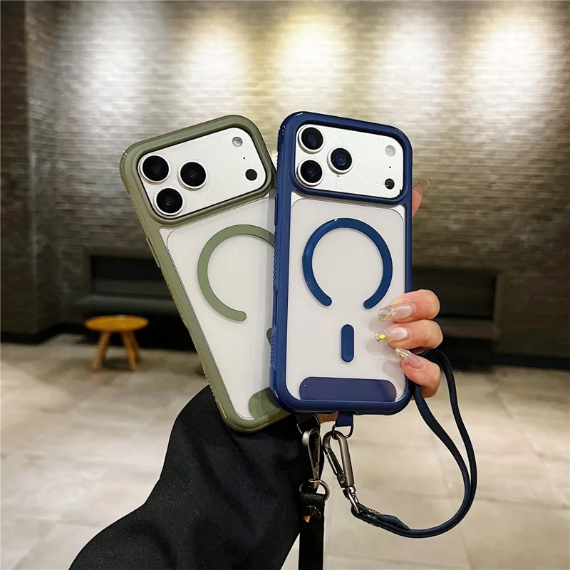 Funda para iPhone 17 Pro compatible con MagSafe, carcasa trasera transparente de TPU y PC con correa de muñeca - Naranja