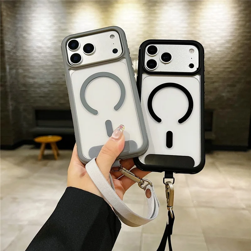 Funda para iPhone 17 Pro compatible con MagSafe, carcasa trasera transparente de TPU y PC con correa de muñeca - Naranja