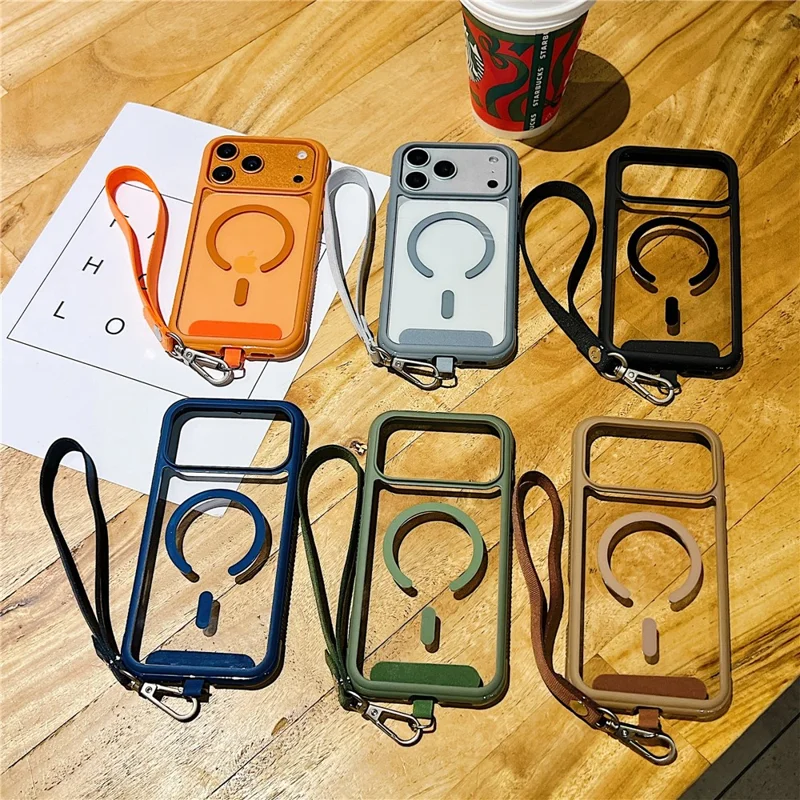 Funda para iPhone 17 Pro compatible con MagSafe, carcasa trasera transparente de TPU y PC con correa de muñeca - Naranja