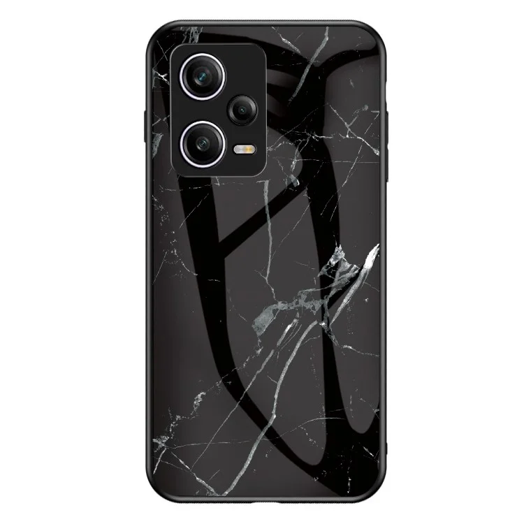 Pour Xiaomi Redmi Note 12 Pro 5G Marble Pattern Printing Phone Case Hard Tempered Glass + PC Back TPU Bumper Shock Absorption Protective Cover - Black Marble