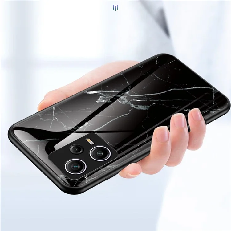 Pour Xiaomi Redmi Note 12 Pro 5G Marble Pattern Printing Phone Case Hard Tempered Glass + PC Back TPU Bumper Shock Absorption Protective Cover - Black Marble