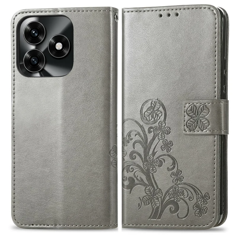 For Honor X5c Plus 4G Leather Case Four-Leaf Clover Wallet Phone Cover - Grey