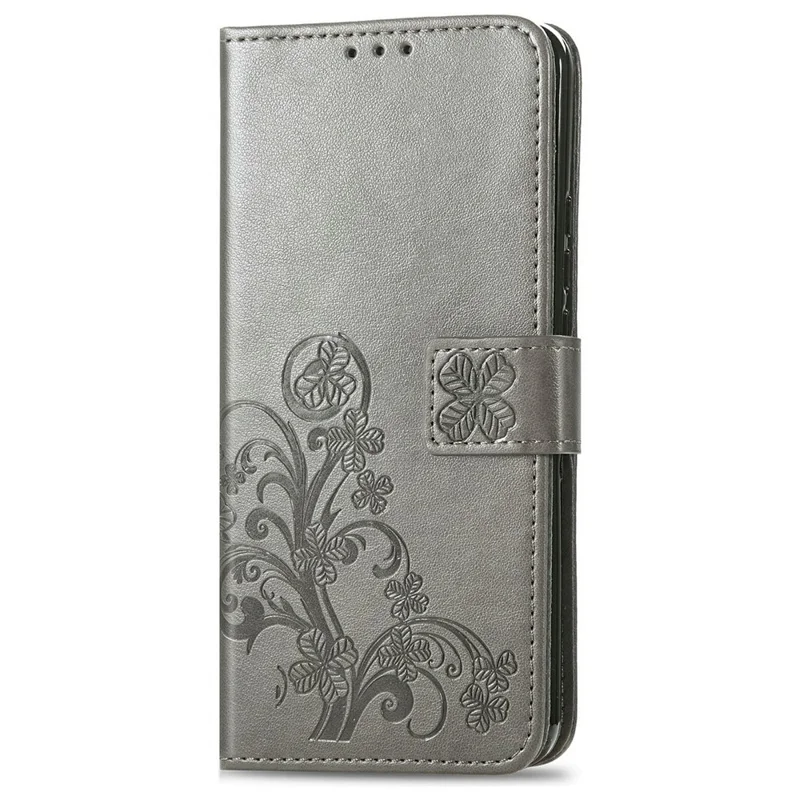 For Honor X5c Plus 4G Leather Case Four-Leaf Clover Wallet Phone Cover - Grey