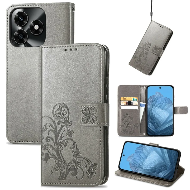 For Honor X5c Plus 4G Leather Case Four-Leaf Clover Wallet Phone Cover - Grey