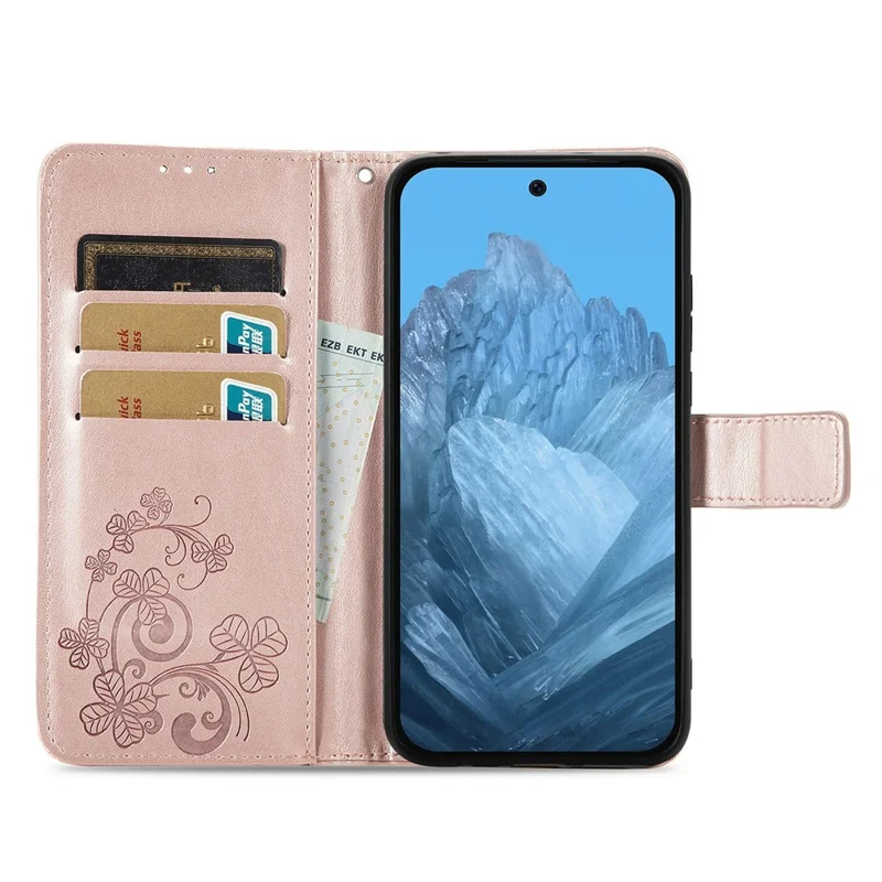 For Honor X5c Plus 4G Leather Case Four-Leaf Clover Wallet Phone Cover - Rose Gold