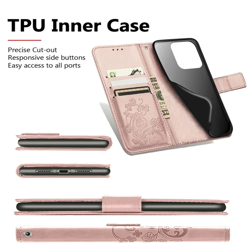 For Honor X5c Plus 4G Leather Case Four-Leaf Clover Wallet Phone Cover - Rose Gold
