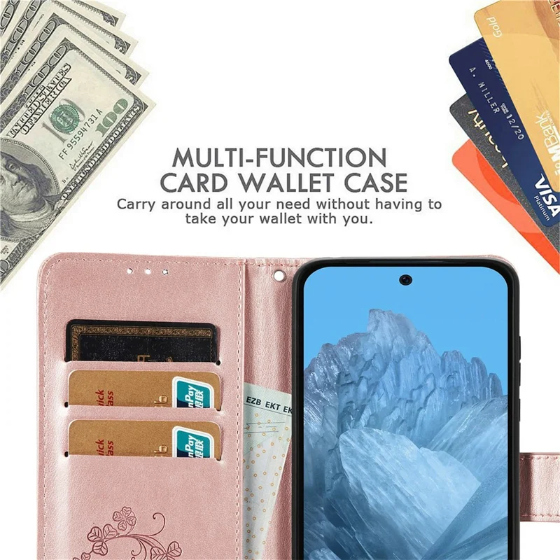 For Honor X5c Plus 4G Leather Case Four-Leaf Clover Wallet Phone Cover - Rose Gold