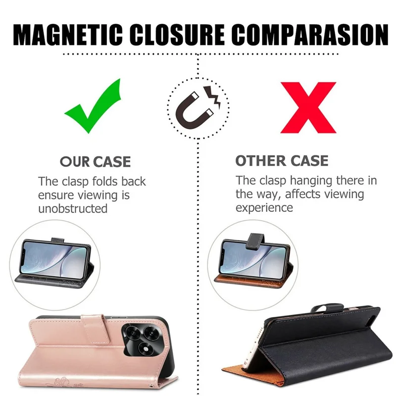 For Honor X5c Plus 4G Leather Case Four-Leaf Clover Wallet Phone Cover - Rose Gold
