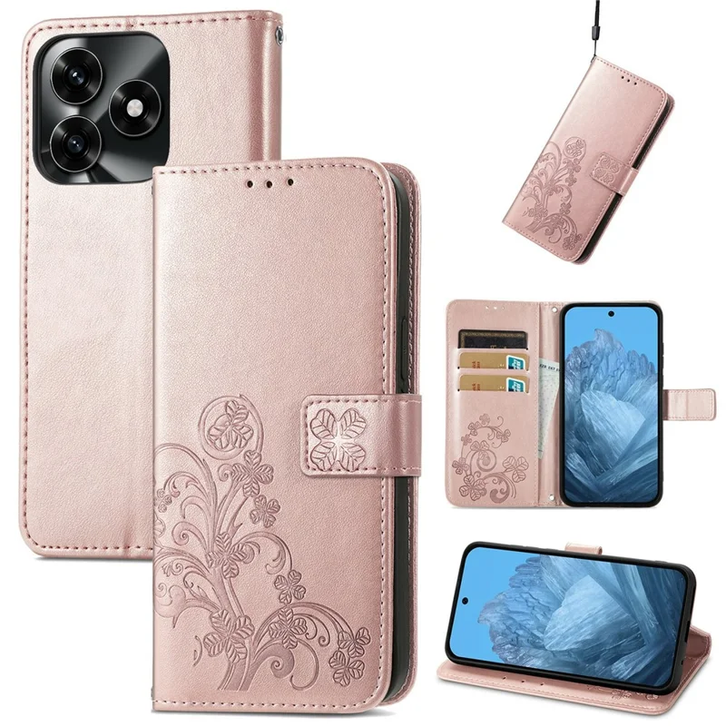 For Honor X5c Plus 4G Leather Case Four-Leaf Clover Wallet Phone Cover - Rose Gold