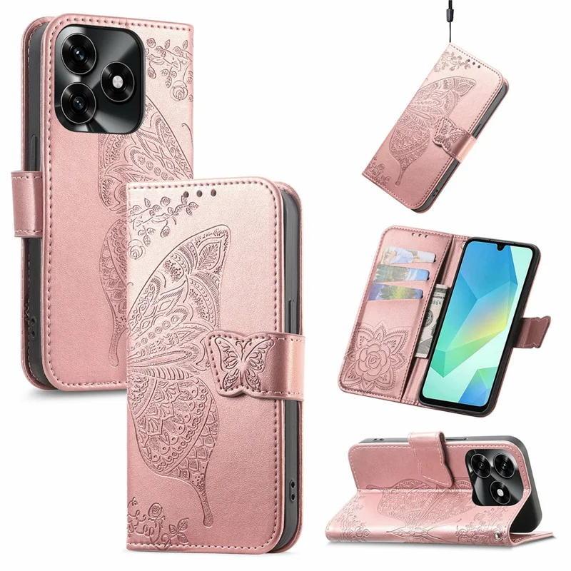 For Honor X5c Plus 4G Case with Strap Butterfly Pattern PU Leather Wallet Phone Cover - Rose Gold