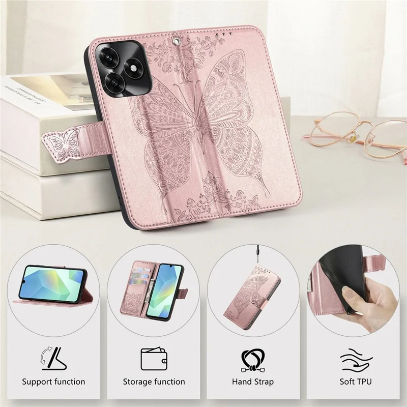 For Honor X5c Plus 4G Case with Strap Butterfly Pattern PU Leather Wallet Phone Cover - Rose Gold