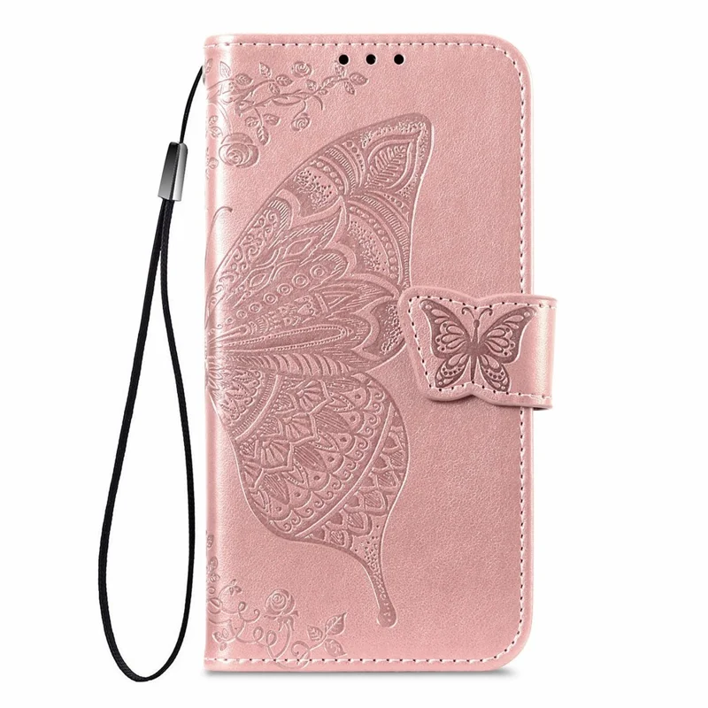 For Honor X5c Plus 4G Case with Strap Butterfly Pattern PU Leather Wallet Phone Cover - Rose Gold