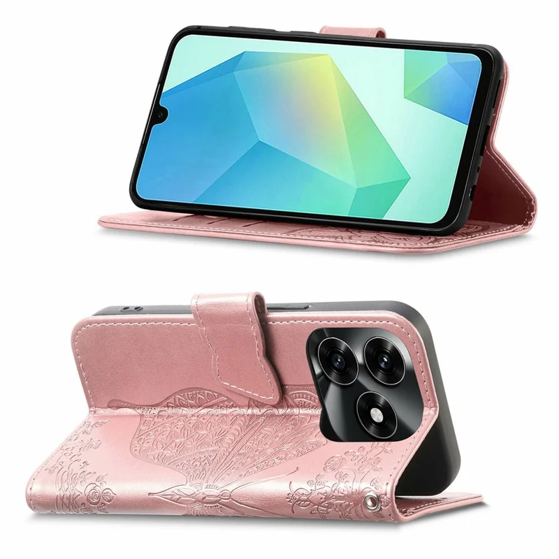 For Honor X5c Plus 4G Case with Strap Butterfly Pattern PU Leather Wallet Phone Cover - Rose Gold