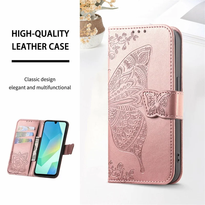 For Honor X5c Plus 4G Case with Strap Butterfly Pattern PU Leather Wallet Phone Cover - Rose Gold